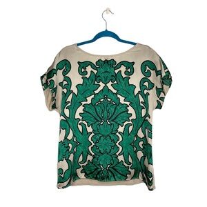 Alfani Damask Print Green & Beige Boxy Fit Short Sleeve Blouse